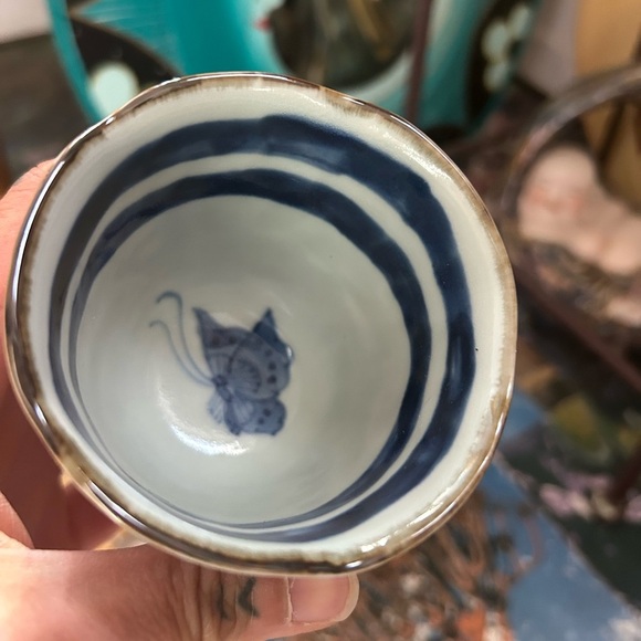 Vintage Japanese Yunomi Tea Cups Pair Stoneware Striped 3" Handmade Pottery - Picture 8 of 16